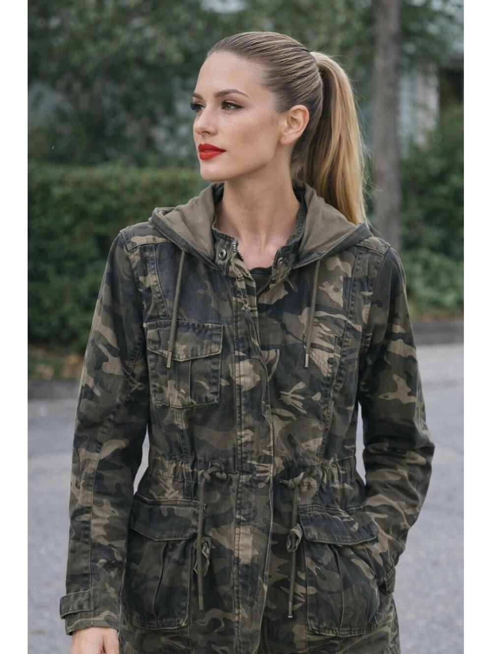 Zip Up Hooded Utility Jacket Army Green Camo Women’s Large Bellacore Grunge Y2K